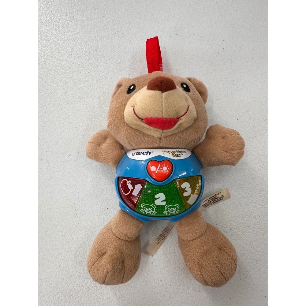 VTech Happy Lights Bear Plush Musical Stuffed Animal Toy Brown Blue 7 in Nursery